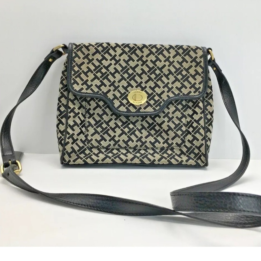 NWT Tommy Hilfiger Monogram Messenger Bag Black and Tan - Picture 2 of 9